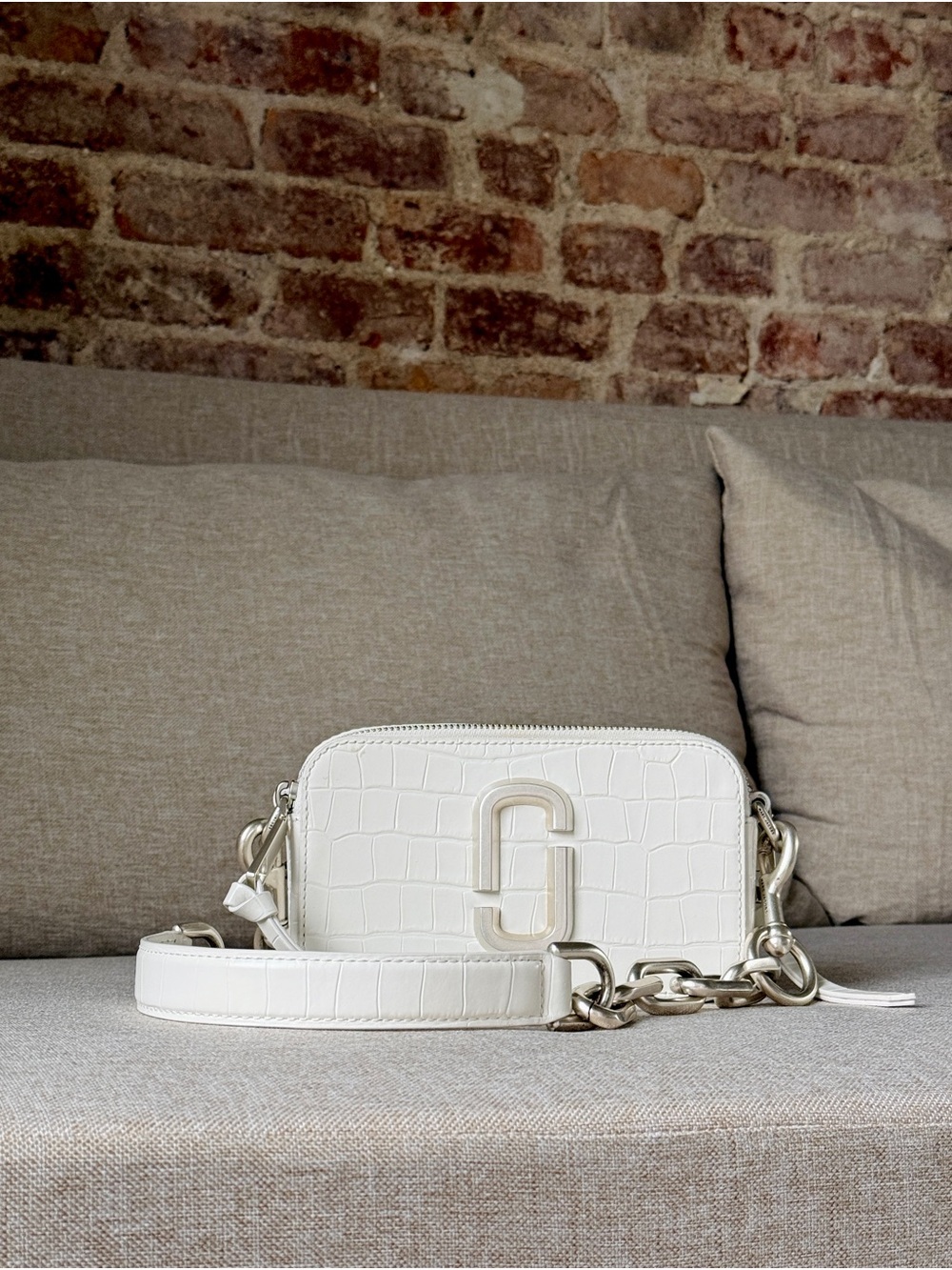 Marc Jacobs White Croc-Embossed Snapshot Camera Bag with Silver Hardware